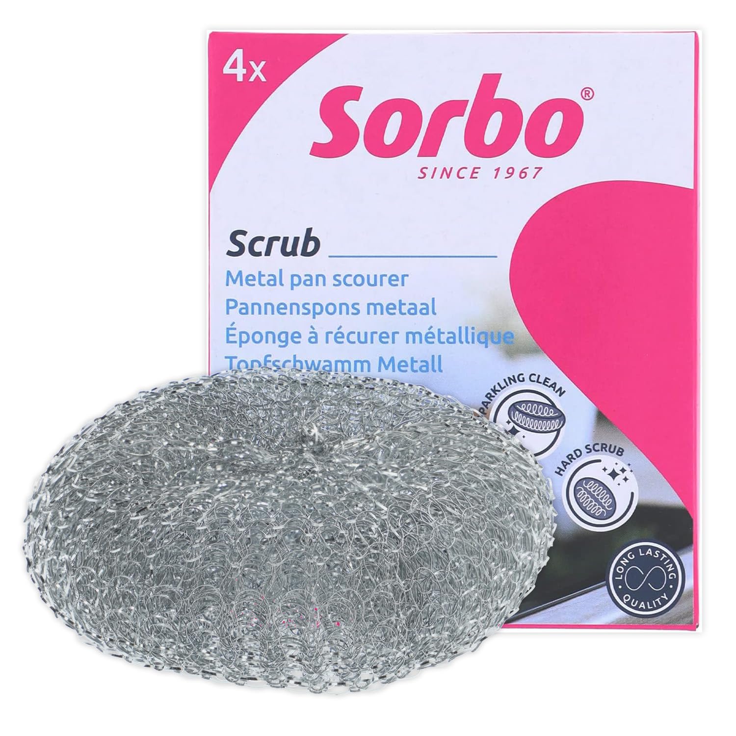 Sorbo Metal Pan Scourers 4 Pack, Metallic Steel Wool Pads for Tough Grease & Stubborn Residue, Extra Strong & Durable Scrubbers for Kitchen, BBQ, Oven, and Pots & Pans Cleaning