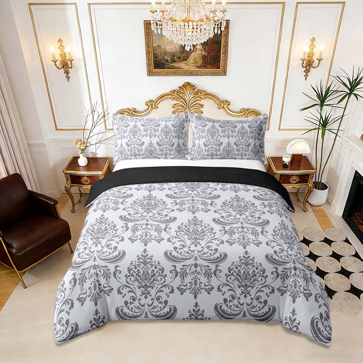 Homemissing Vintage Gothic Floral Duvet Cover Set Double Size For Kids Boys Girls Light Grey Damask Floral Bedding Set Bohemian Exotic Duvet Cover with 2 Pillowcases Luxury Royal Jacquard Bedding โ image 1