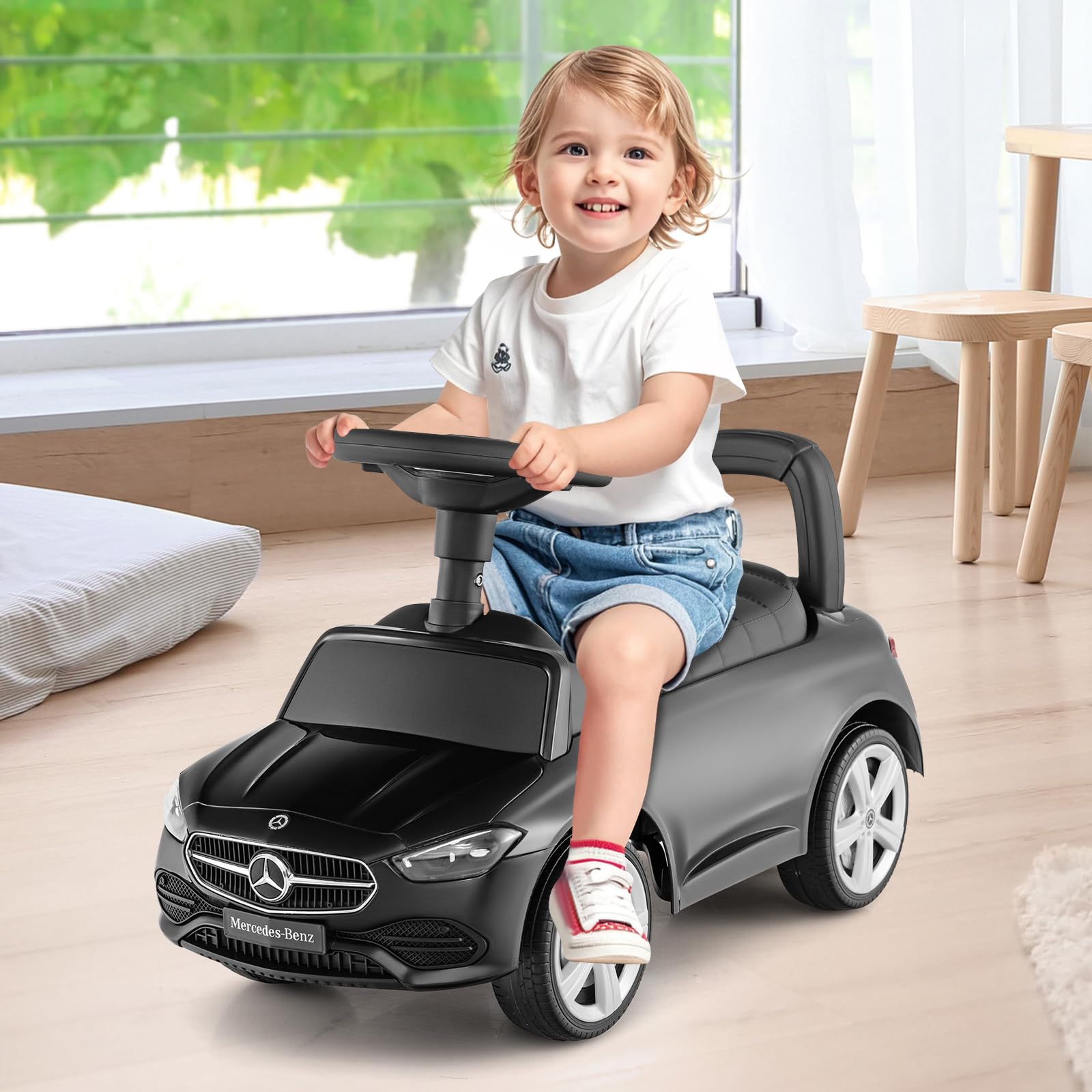 COSTWAY Mercedes Benz Macchinina Cavalcabile a Spinta per Bambini, Auto da Gioco con Volante Clacson e Suono, Spazio di Archiviazione, Auto a Spinta per bambini 1-3 Anni (Nero)