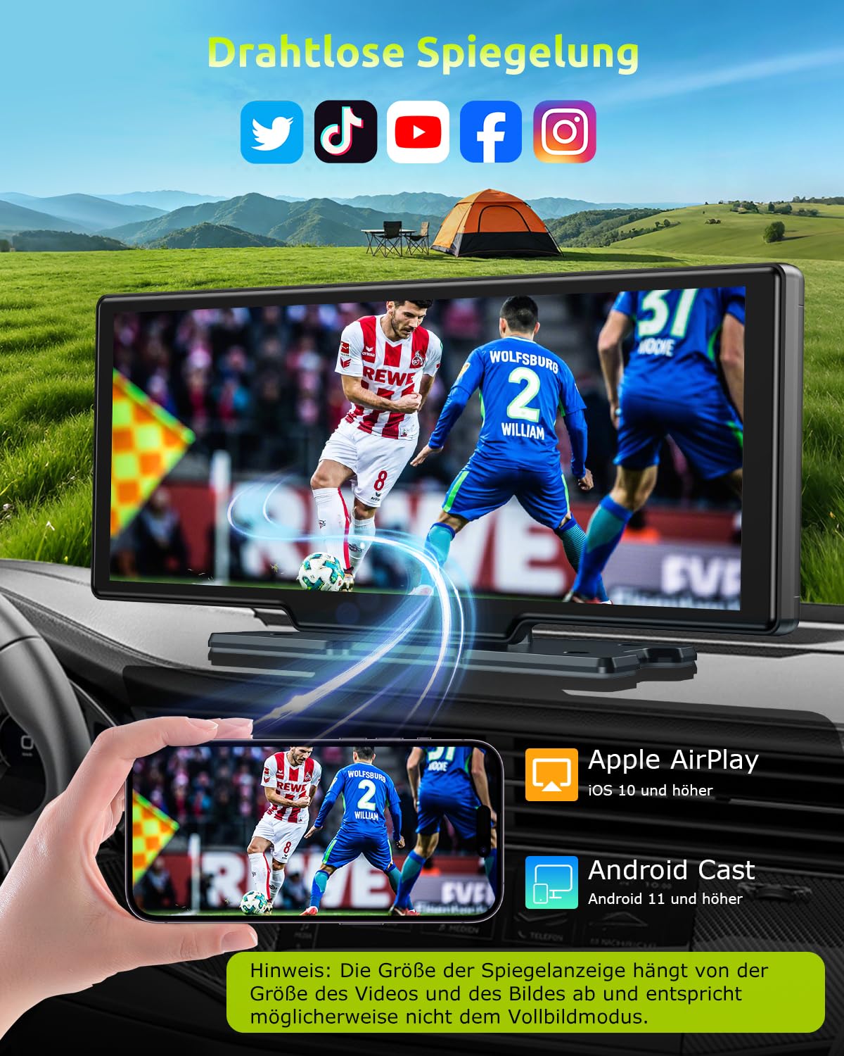 ESSGOO 10.26 Zoll Kabelloses CarPlay Display mit 4K Dashcam 1080P Rückfahrkamera Drahtloser Apple CarPlay & Android Auto, IPS Touchscreen,Bluetooth 5.3,Mirror Link,GPS,FM,AUX, Sprachsteuerung,64GB TF