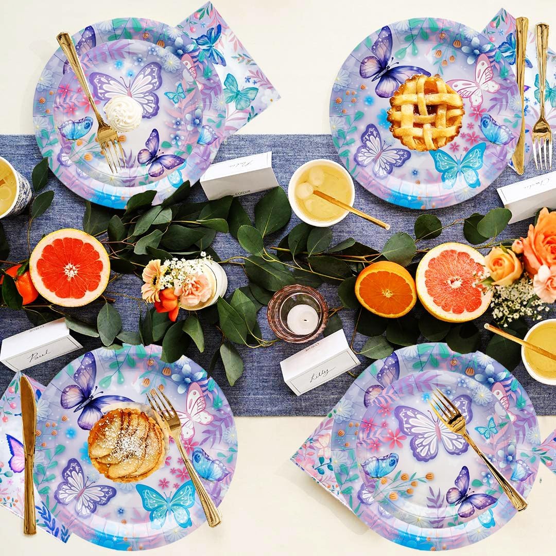 175Pcs Butterfly Birthday Party Supplies Set 9"Butterfly Dinner Plates 7"Pink Butterfly Dessert Plates Napkins Cup Knive Fork Spoon for Bridal Shower Butterfly Girl Party Birthday Decorations (purple)