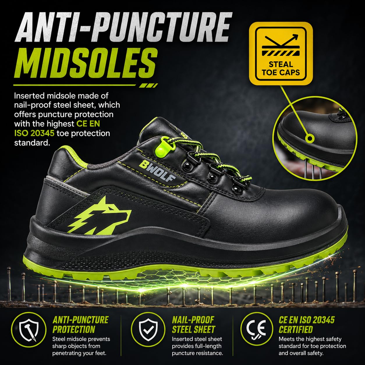 BWOLF Spyke S3 Bottes de Travail de Sécurité S3 Chaussures de Sécurité Hommes Chaussures de Sécurité Hommes Montante Imperméable 4x4 Grip, Noir/Vert