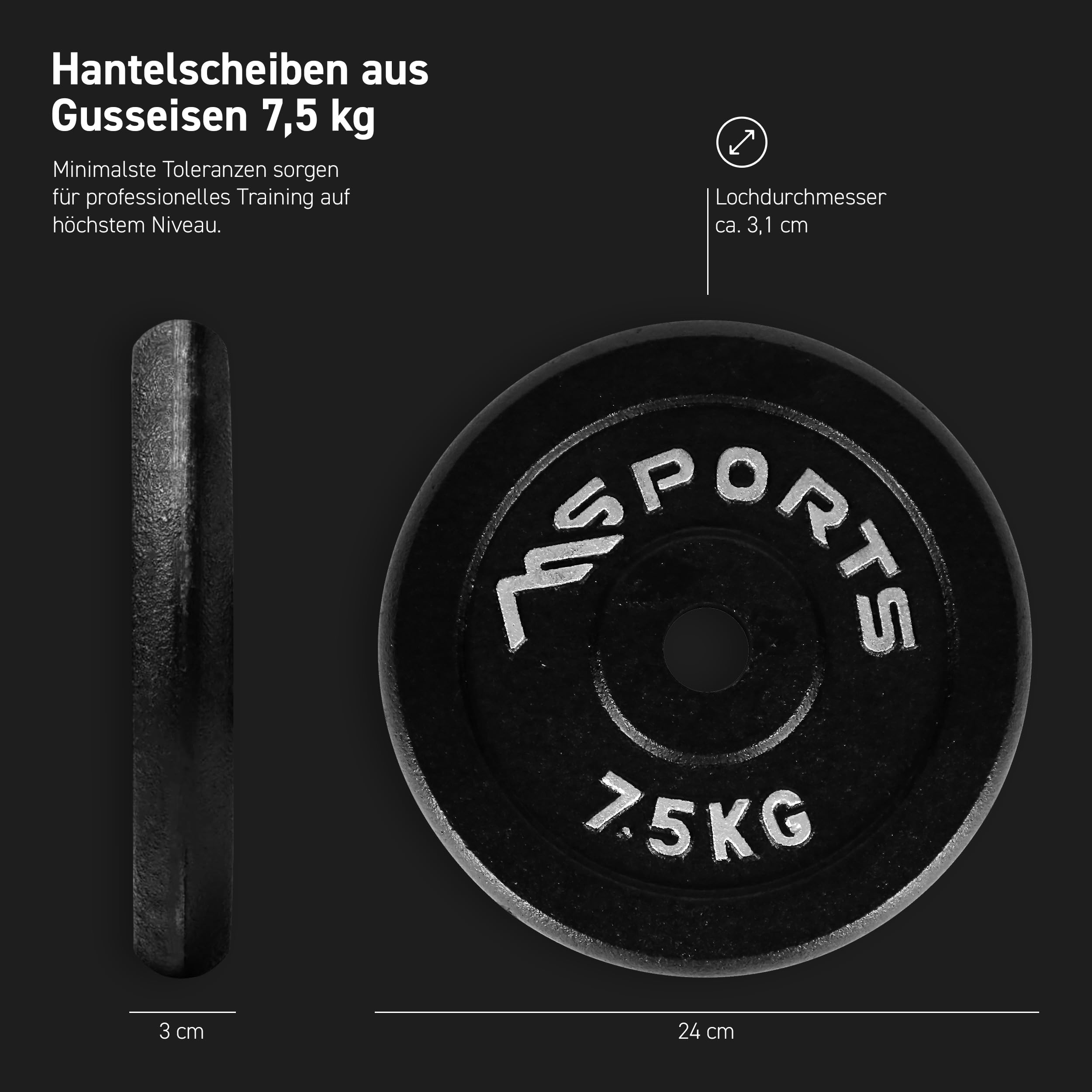 MSPORTS Para profesjonalnych krążków do sztangi ze 100% żeliwa 5-20 kg (2 x 7,5 kg - czarny)