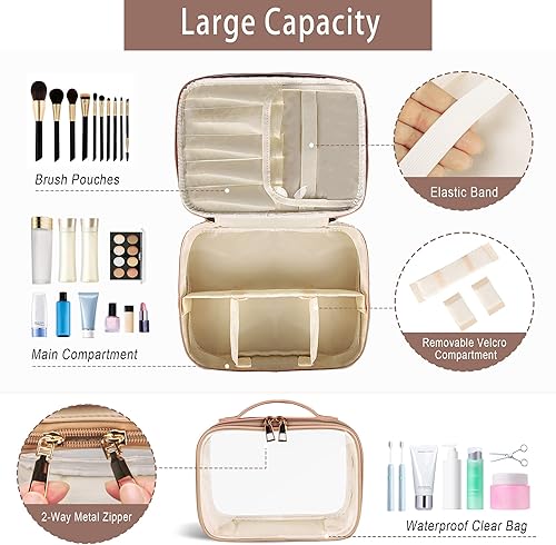 Miniatura 3 de Bolsa de maquillaje, 2 bolsas de cosméticos de piel sintética, estuche de maquillaje portátil de viaje, organizador de maquillaje grande con bolsa