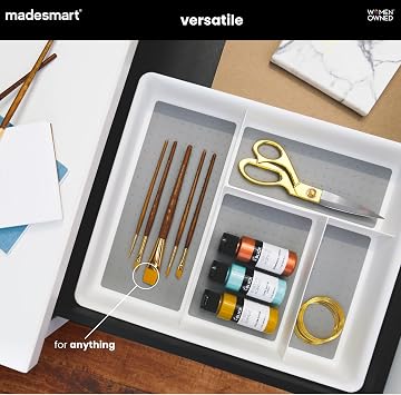 madesmart 4 Compartment Drawer Organizer, Multi Purpose Storage for Utensils, Office Tools, Cords, Small Household Items, Tech Accessories, Arts & Crafts Supplies, Non Slip Lining, White