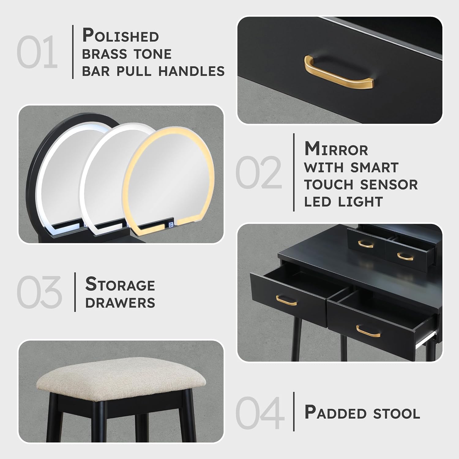 Lexicon Modern Dressing Table with Mirror, LED Lights, 3 Lighting Modes, Small Makeup Dressing Table Set with 4 Drawers and Cushioned Stool, Adjustable Lighting for Bedroom, Black