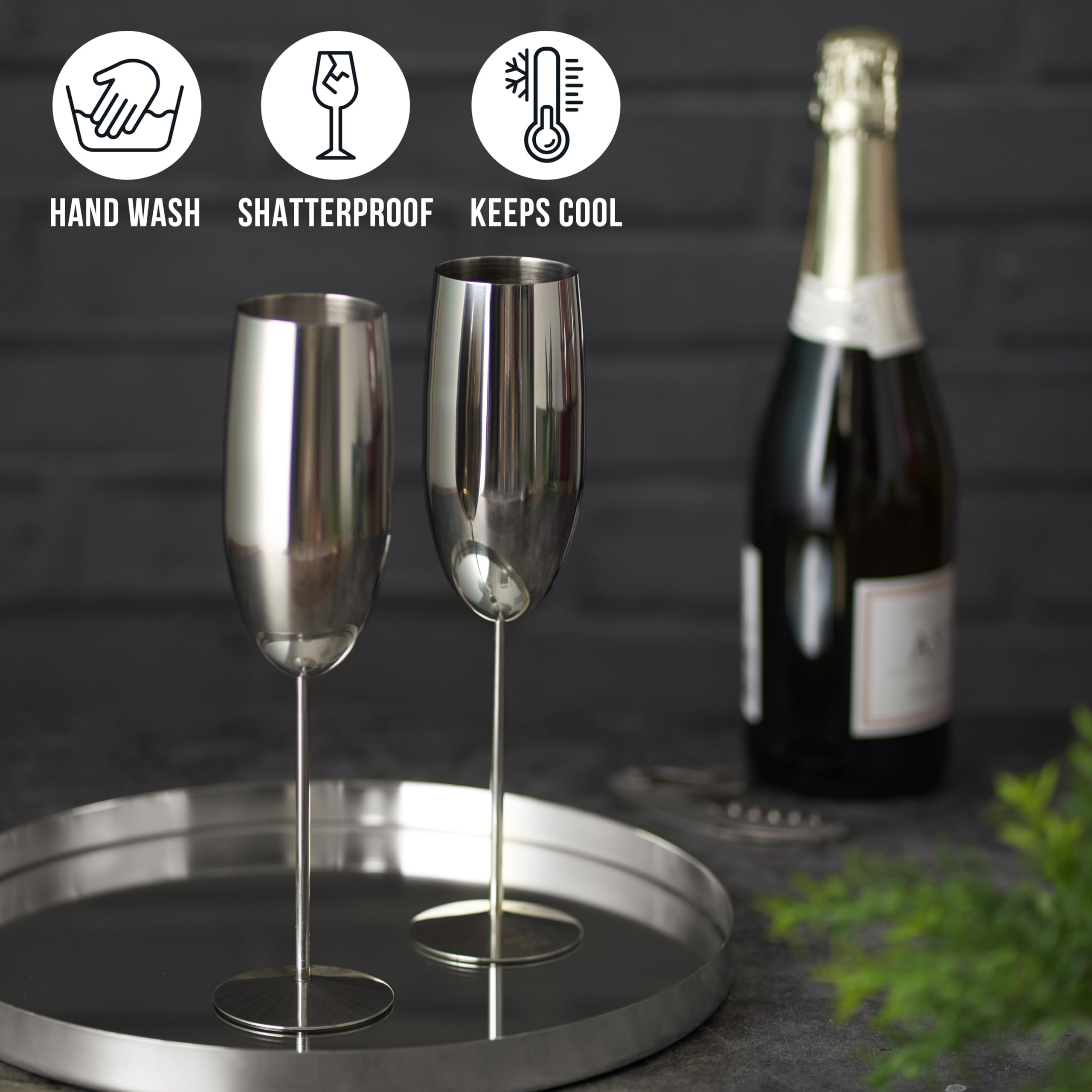 Oak & Steel 6 Silberne Champagner Gläser aus Edelstahl (280ml) - Bruchsichere Sektgläser/Prosecco Gläser mit Geschenkbox