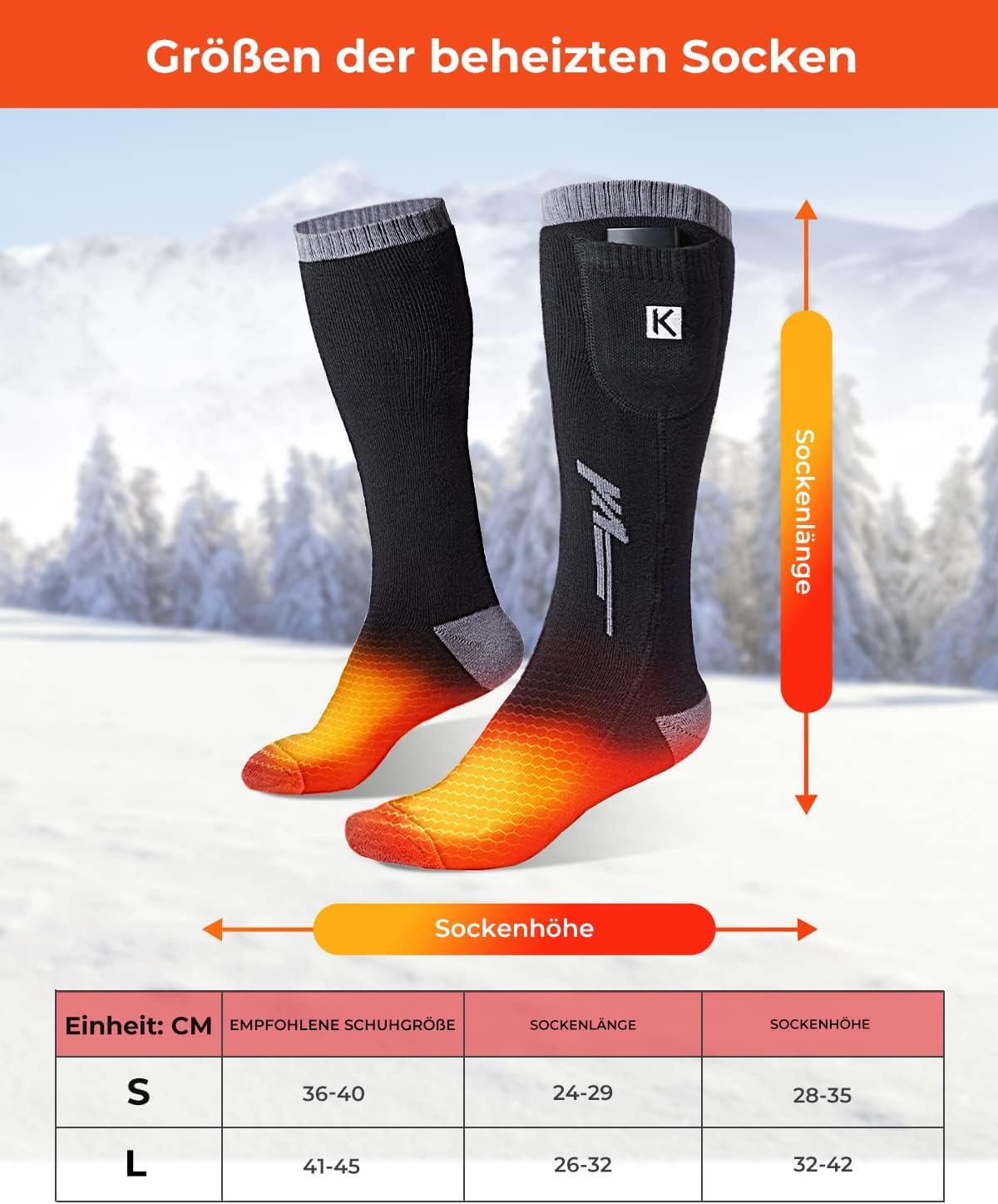 KEMIMOTO Beheizbare Socken mit Fernbedienung, 2600mAh*2 Beheizte Socken, Wiederaufladbaren Batterien Socken, Winter-Baumwollsocken Fußwärmer für Skifahren, Jagen