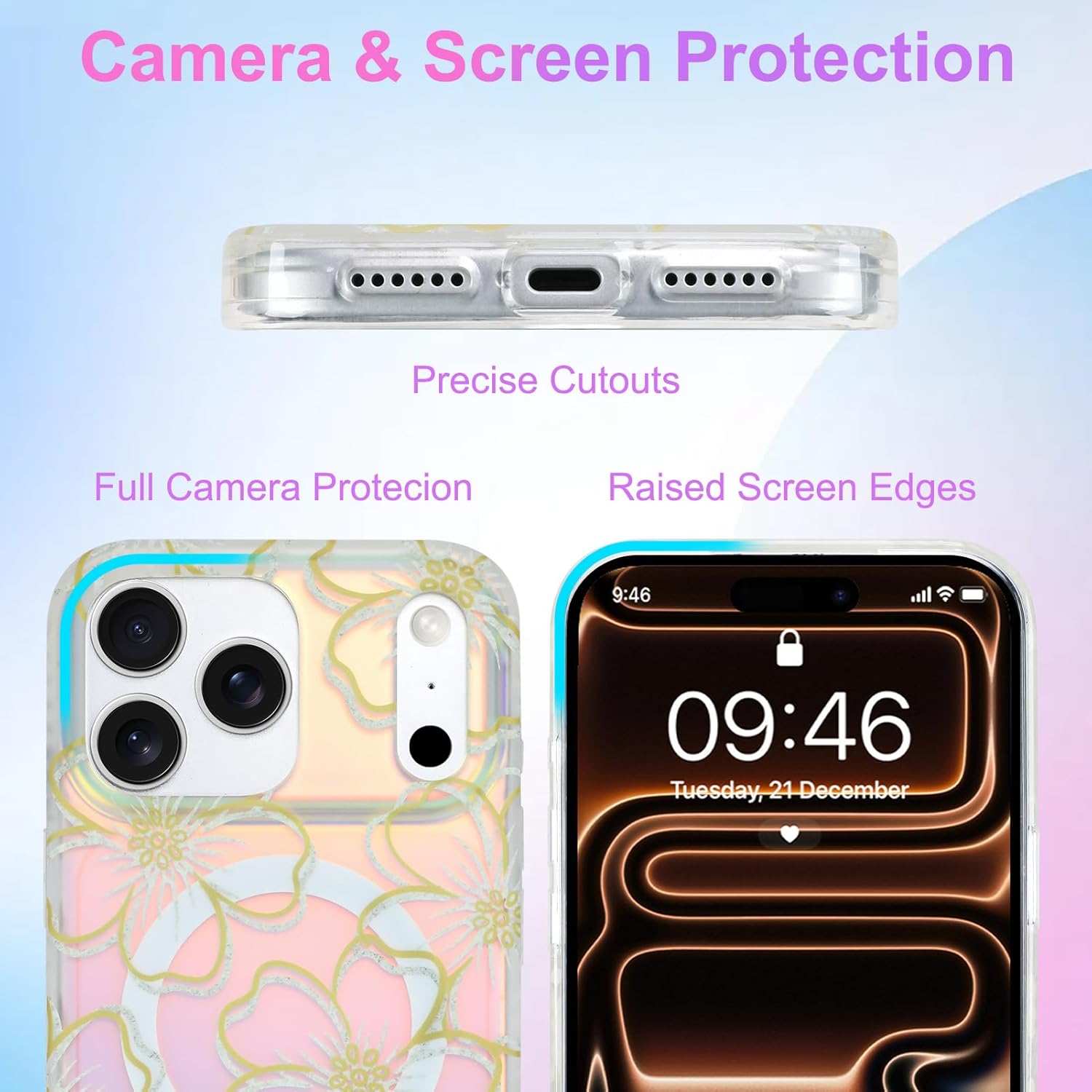 Iridescent Floral Case for iPhone 17 Pro Max, Compatible with MagSafe, Cute Flower Glitter Shiny Laser Design, Shockproof Protective Phone Cover for Women Girls, Line Flower