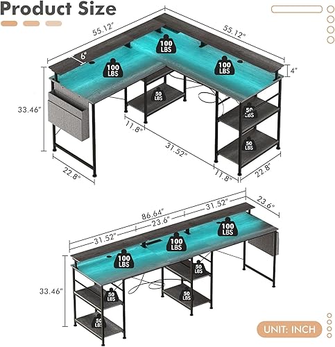 Miniatura 3 de Escritorio para juegos en forma de L con luces LED, escritorio de computadora de 55 pulgadas con toma de corriente, puertos de carga USB, gancho