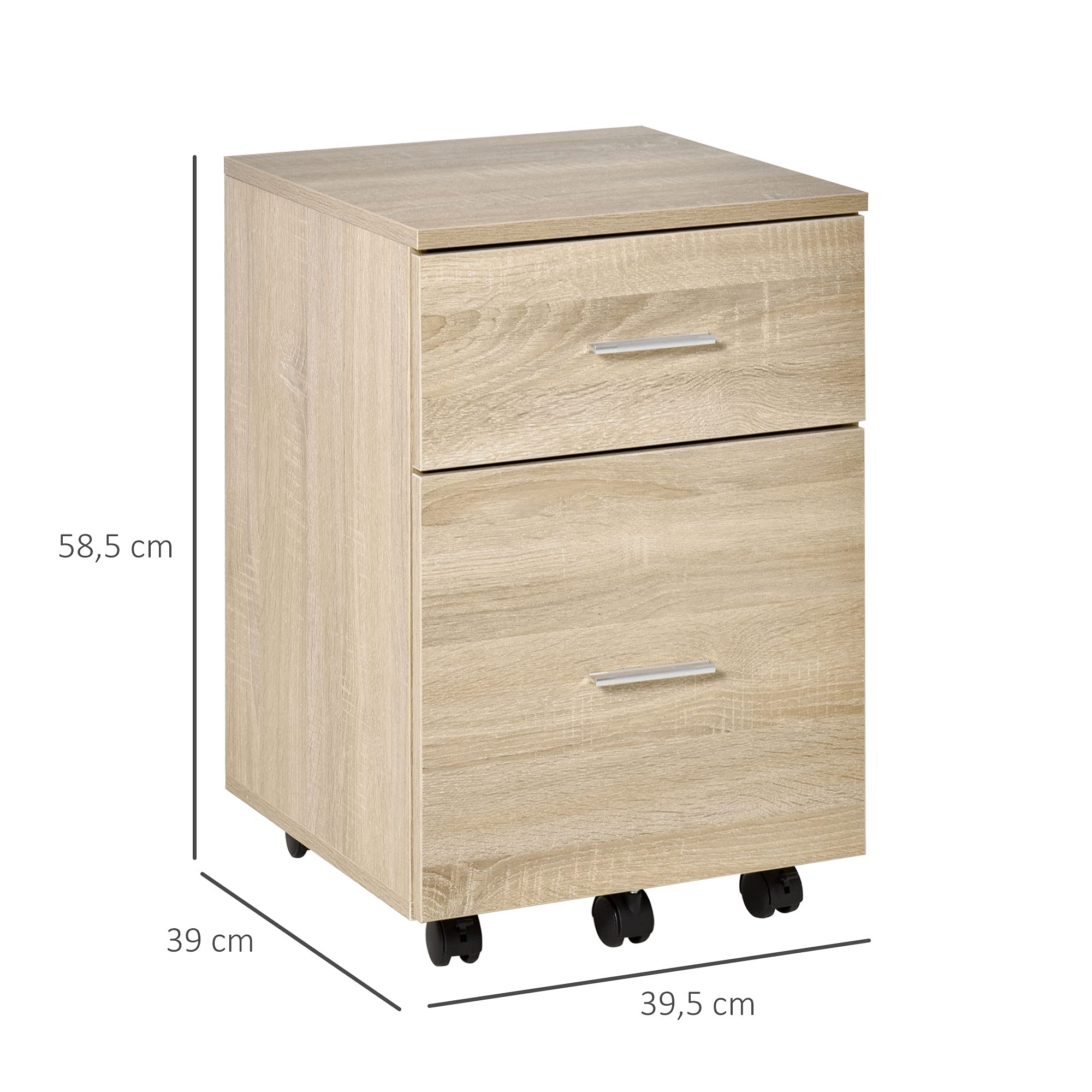 HOMCOM Cajonera de Escritorio con 2 Cajones, Cajonera de Oficina con Ruedas, Archivador Móvil, para Archivos A4 o Cartas, para Estudio, Salón, 39,5x39x58,5 cm, Roble
