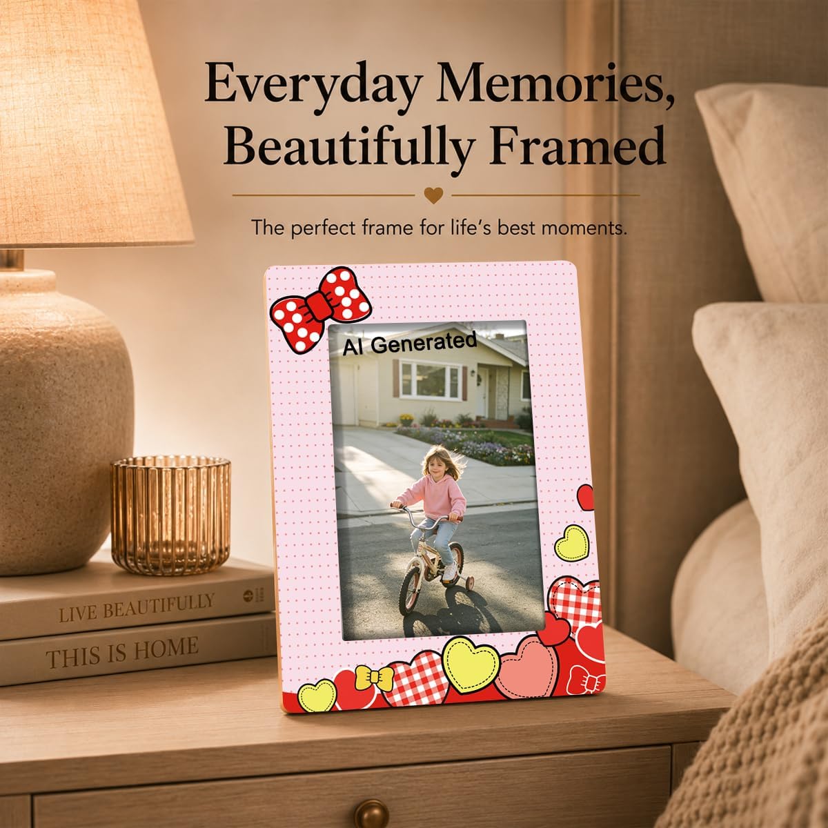 Pink Bow Hearts Tabletop Picture Frame, Cute Love Themed Photo Display with Easel Stand, Fits 4x6 Photos, 7.9 x 5.7in Frame for Bedroom Desk Gift Decor image 5