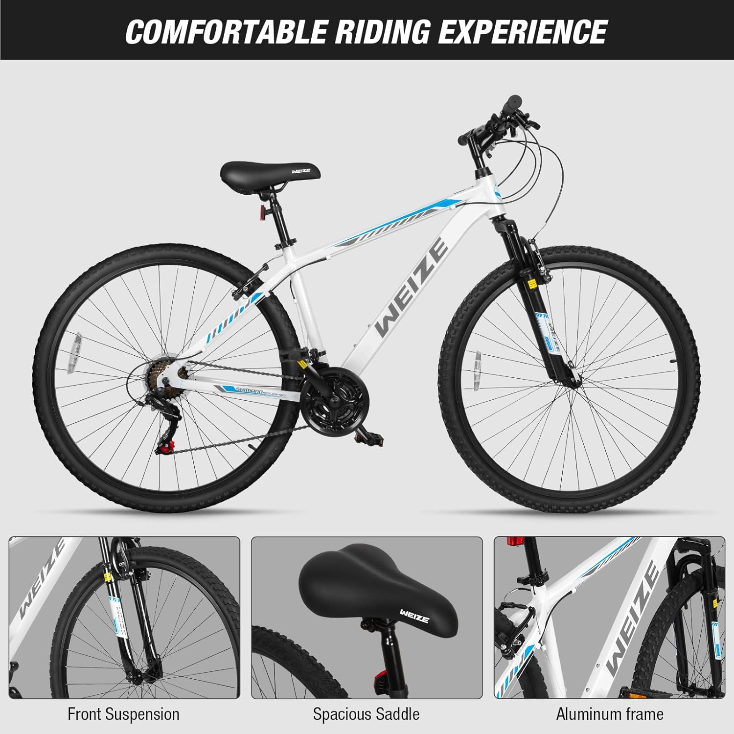 WEIZE Hardtail Mountain Bike, 29 Inch Wheels Outdoor Cycling Bike, 21-Speed Trigger Shifter, Aluminum Frame for Men and Women, Comfort Saddle, MTB Bicycle with Suspension Fork - Image 7
