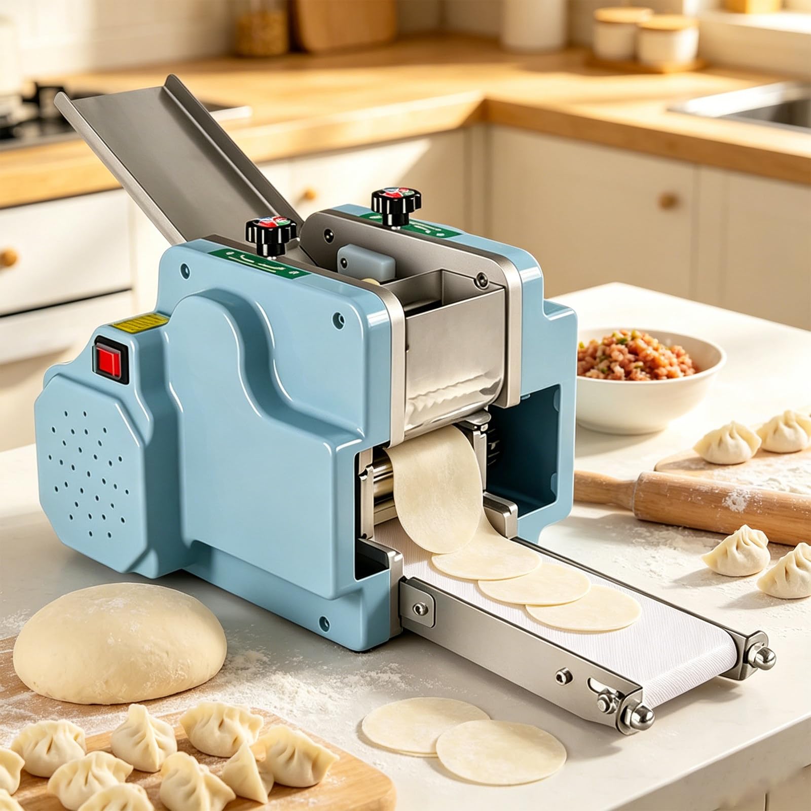 GwlThixion Electric Dumpling Wrappers Maker, Multifunctional Automatic Dumpling Wrapper Machine, No Breakage No Filling Leakage, for Wonton Shrimp Dumpling Siu Mai Skins Blue-+2