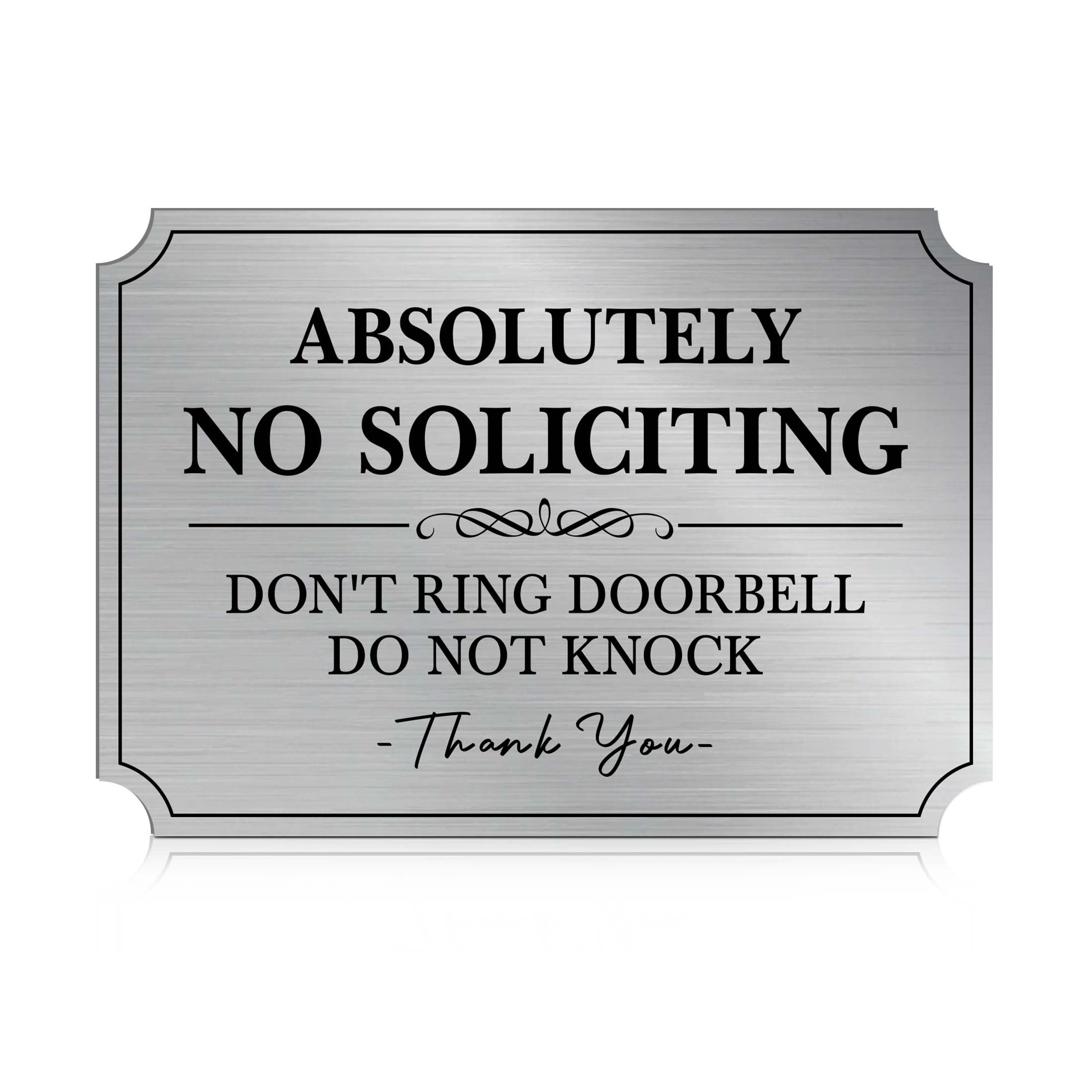 No Soliciting Sign for Front Door，Self-Adhesive Brushed Silver Do Not Knock or Ring Doorbell No Soliciting Sticker for Home, No Solicitors Sign for Doorbell, House Door, Home, Office 5.9"x 3.9"