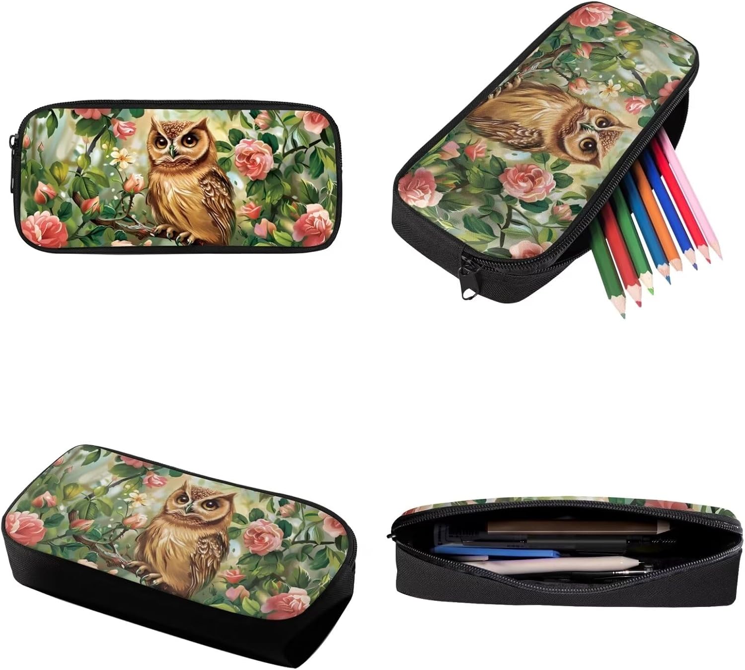 Xoenoiee Owl Floral Print 3Pcs Bookbag+Lunch Box+Pencil Bag for Students 17in Large School Bag Backpack Set for Boys Girls Back To School