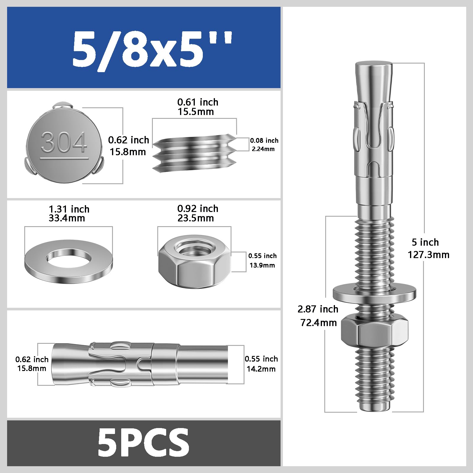 Wensilon 5 elementi di fissaggio standard da 5/8 x 5 pollici per ancoraggi a cuneo in acciaio inossidabile 304 per cemento e calcestruzzo