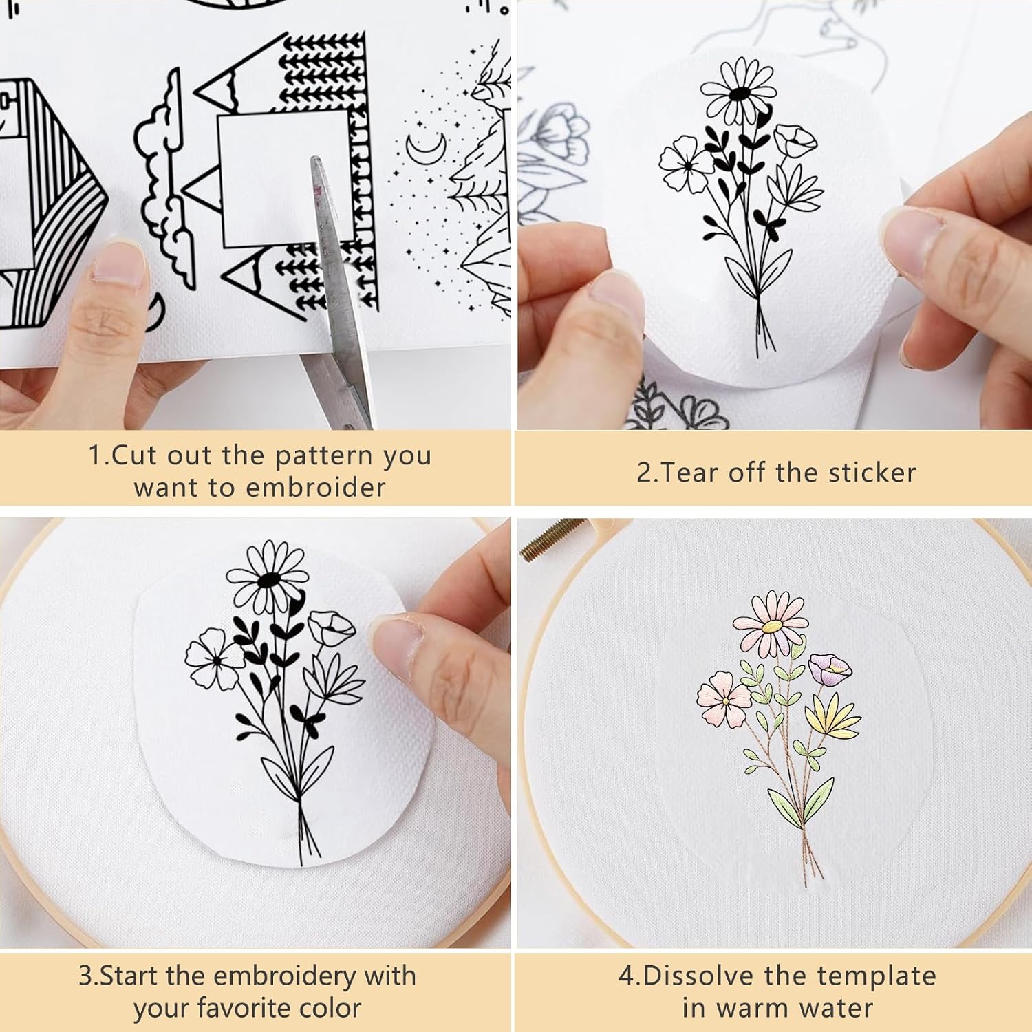 Water Soluble Embroidery Stabilizers for Hat, 4 Sheets Flower Stick and Stitch Embroidery Papers Wash Away, Pre-Printed Floral Farmhouse Pattern Transfers for Hand Sewing Lovers Beginners