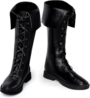 Ramede Men's Medieval Renaissance Boots Viking Leather Shoes, Us 10, Black | Halloween Renaissance Viking Gothic Style, Foldable Cuff High Tube Tied Shoes, Theatrical Cosplay Footwear