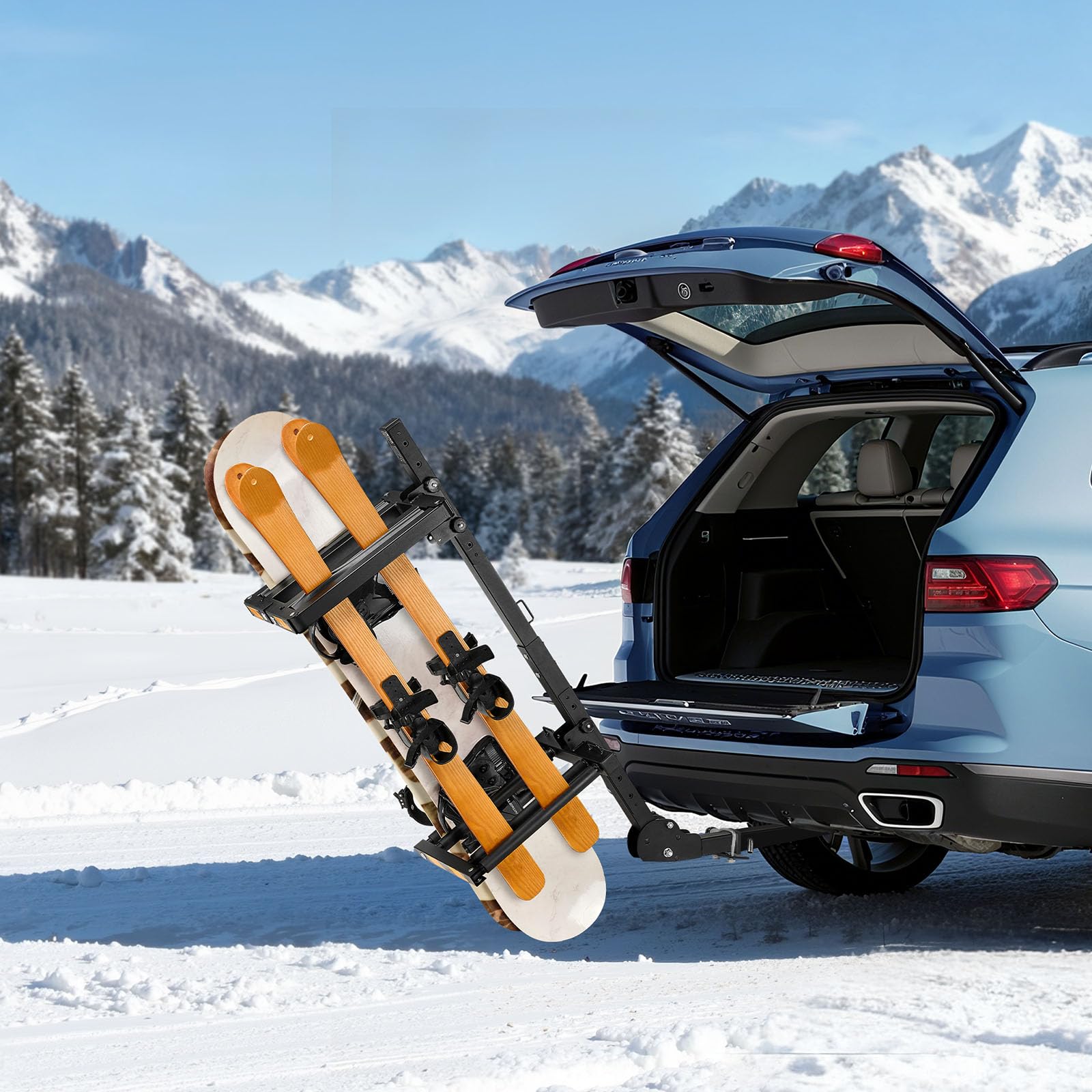 VEVOR Portaesquís de Techo, para hasta 6 Pares de Esquís/4 Tablas de Snowboard, con Cerradura con Cinturón de Seguridad y Acceso Inclinable, el Soporte Ajustable Se Adapta a la Barra de Remolque