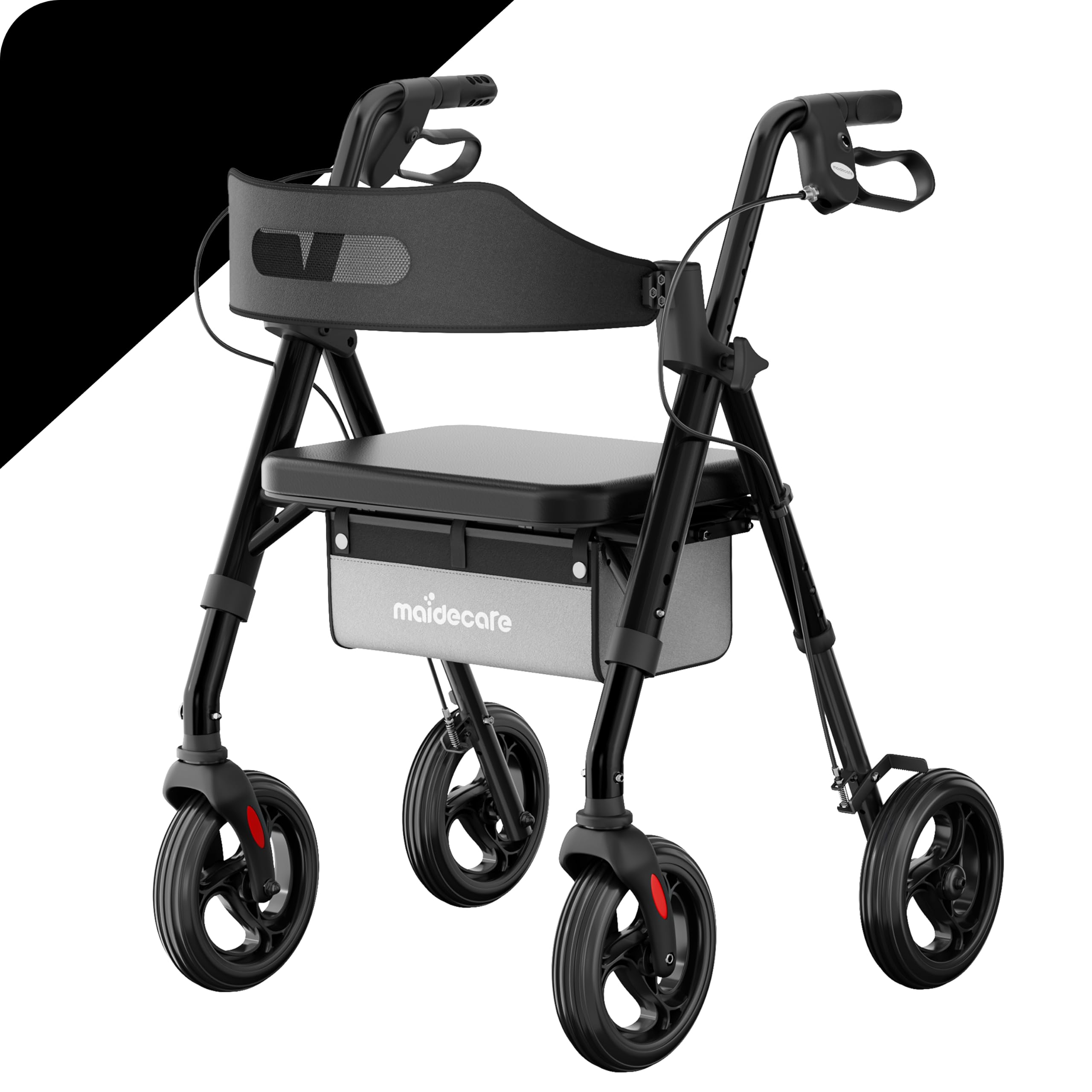 Andador para Ancianos con Asiento Plegable, Manillar y Asiento Regulables en Altura, Caminadores para Mayores, Ayuda para Caminar Ligera con Freno, Ruedas 8" Todoterreno, Negro