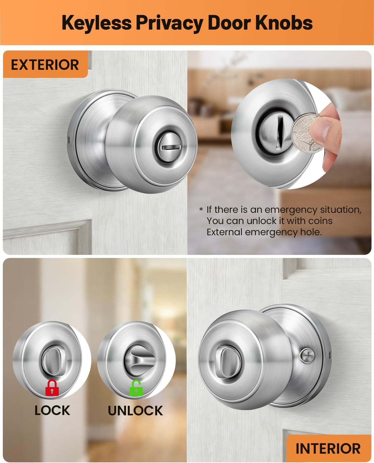 Brushed Nickel Door Knobs, 10 Pack Privacy Door Knobs Interior Door Knobs for Bedroom/Bathroom Keyless Doorknobs Interior/Exterior Lockset, Brushed Nickel Modern Design Door Hardware