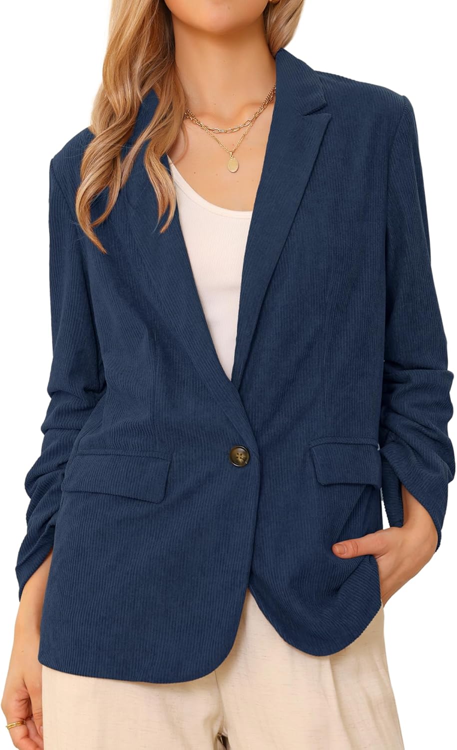 Allegra K Corduroy Blazer Jackets for Women Ruched Sleeve Lapel Pockets Dressy Casual Business Suit Jacket Winter Outerwear