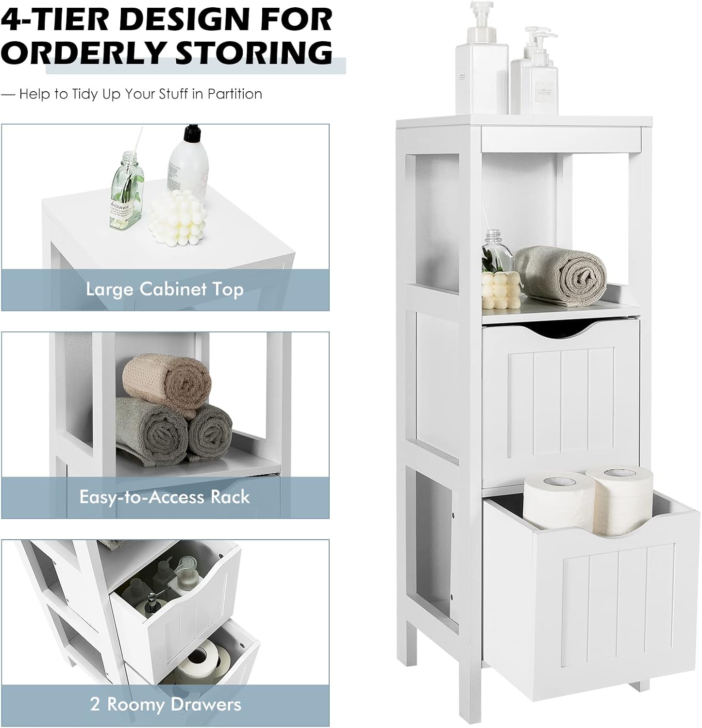 Giantex Bathroom Organizers and Storage Cabinet - Storage Organizer Rack Stand with 2 Removable Drawers, Anti-Toppling Device, Corner Unit, Narrow Toilet Paper Cabinet, Bathroom Floor Cabinet (White)