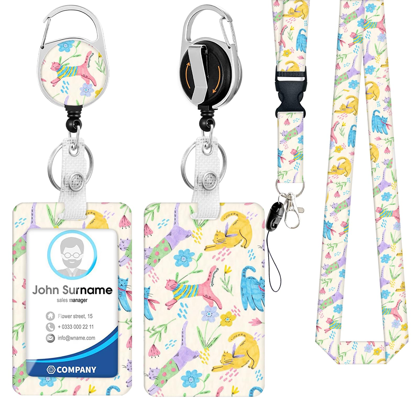 Cartoon Colorful Cats Lanyards for ID Badges, Funny Teacher ID Badge Holder with Breakaway Lanyard Retractable Badge Reel, ID Card Holder Keychain