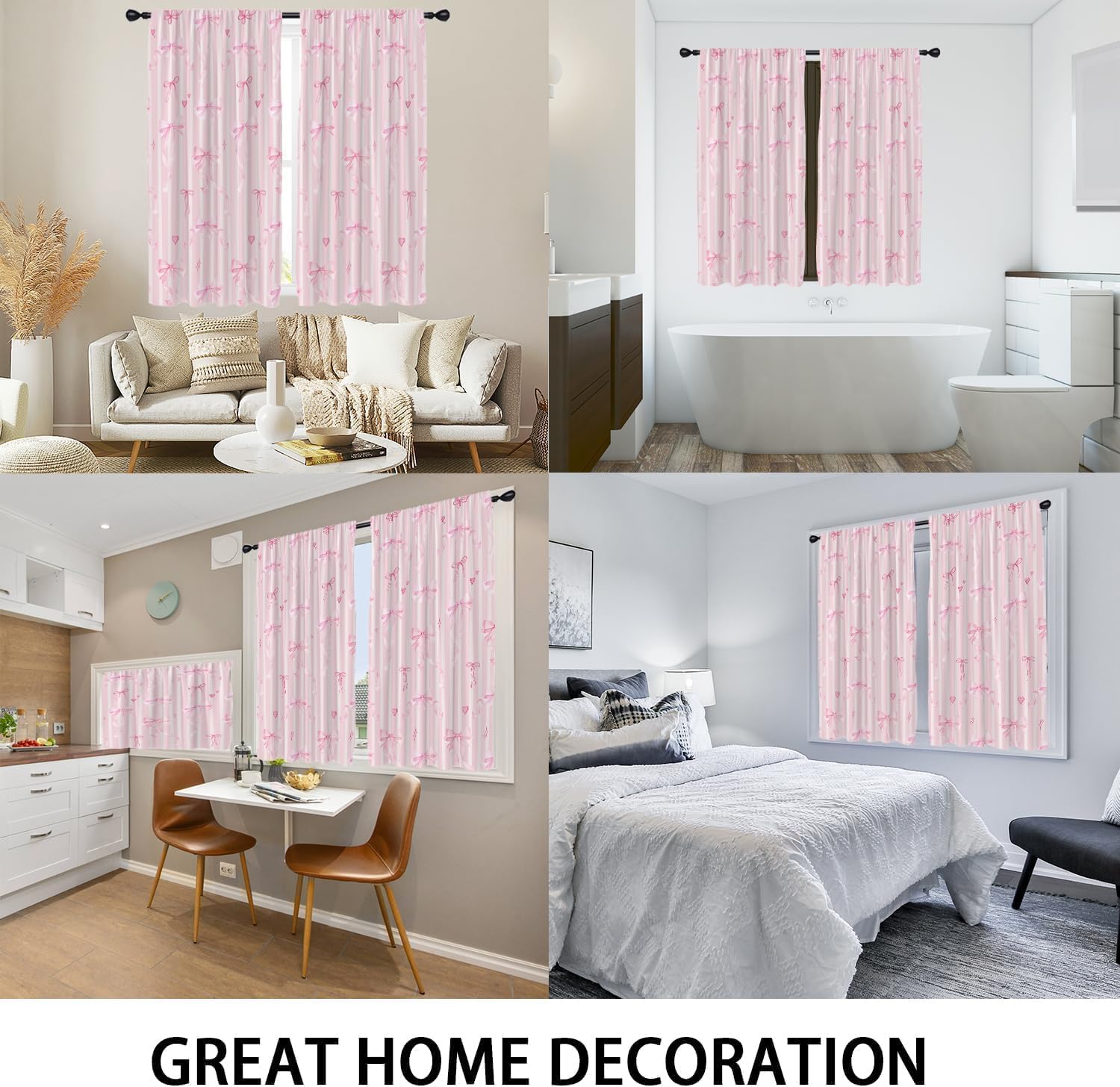 Coxila Pink Bow Kitchen Window Curtains 27.5 x 36 Inch Rod Pocket Small Short Mini Cafe Cute Girly Girls Kawaii Princess Striped Preppy Living Room Bedroom Home Treatment Set of 2 Panels Drapes Tiers