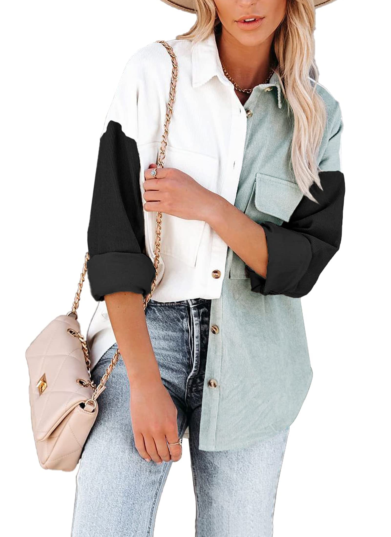 Photo 1 of ***Stock photo used as ref*****AUSELILY Women's Oversized Corduroy Jacket Button Down Shirts Shacket Long Sleeve Blouses Tops Medium, White/Grey