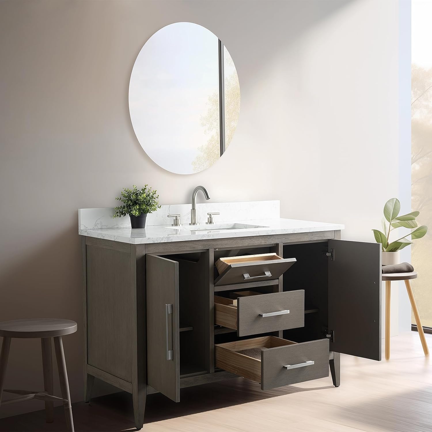 Vanity Art 48 inch Bathroom Vanity with Single Sink & Ceramic Top, Solid Wood Vanity Cabinet with Soft-Closing Doors, Drawers, Driftwood Gray, Brushed Nickle Handware