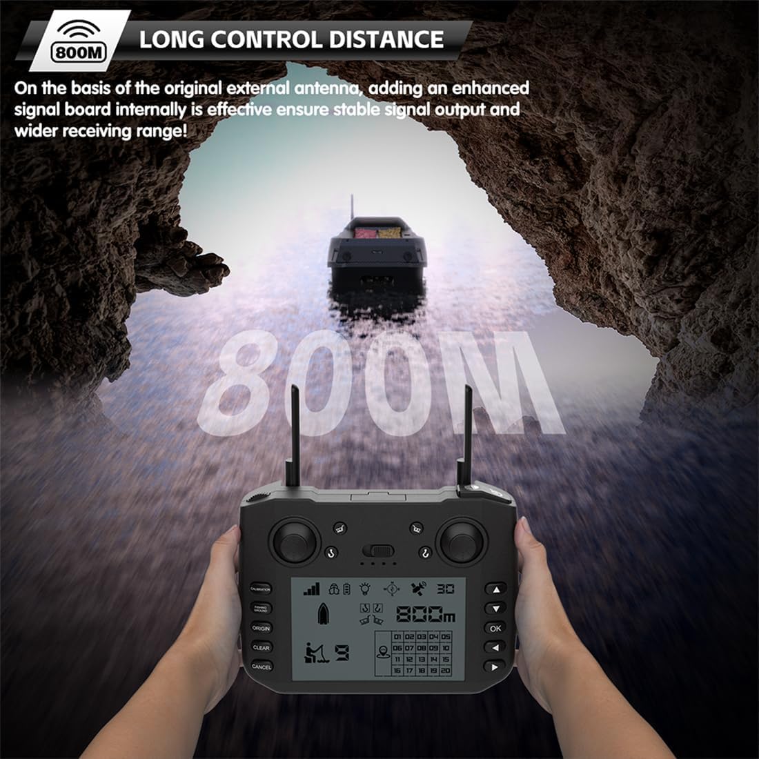 Barca Radiocomandata Ad Alta velocità V080 12v con Esche - Portata di 800 M, 9 Zone di Pesca, 180 Waypoint GPS, Doppio Serbatoio, Luci A LED - Perfetta per Appassionati di Pesca E Adulti