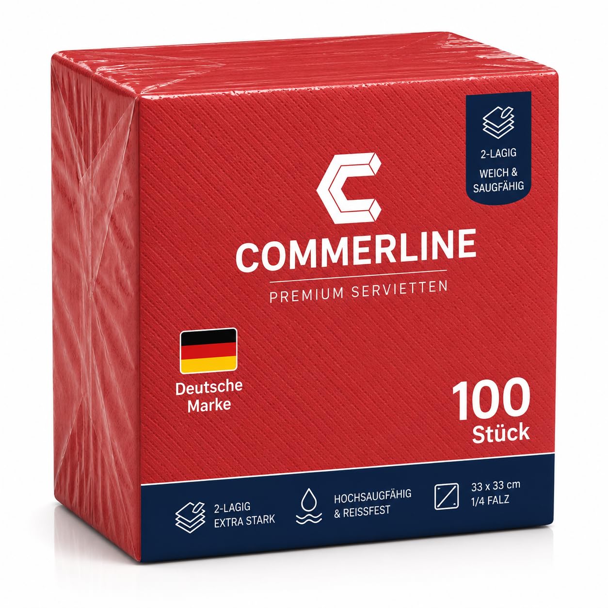Commerline 1000 sztuk czerwonych serwetek 33 x 33 cm, 2-warstwowe, składane 1/4 – miękkie i chłonne serwetki papierowe do gastronomii, restauracji, cateringu, na imprezę, urodziny i wydarzenia