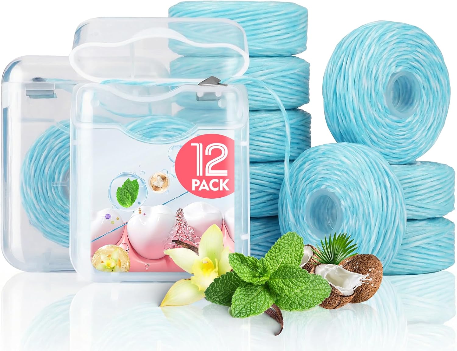3 Flavors Waxed Dental Floss Expanding,Natural Mint,Vanilla and Coconut Floss String for Gentle,Oral Care Whitening Tooth,Plaque Remover for Teeth,12 Spools(32.8 yd Each)