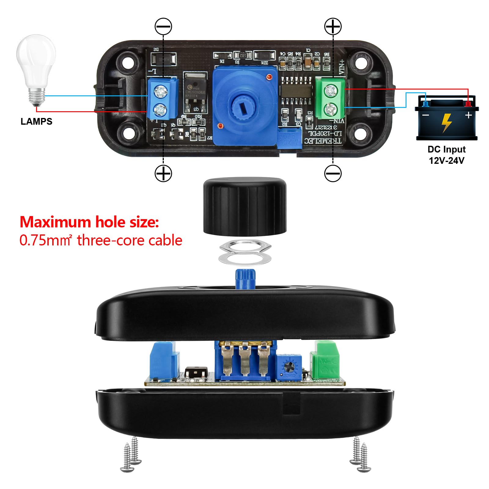 VIPMOON 12V-24V 800Hz-16KHz Variateur de Lumiere LED, Variateur Rotatif, pour lumières LED, ventilateurs, camping-cars et bateaux (Noir)