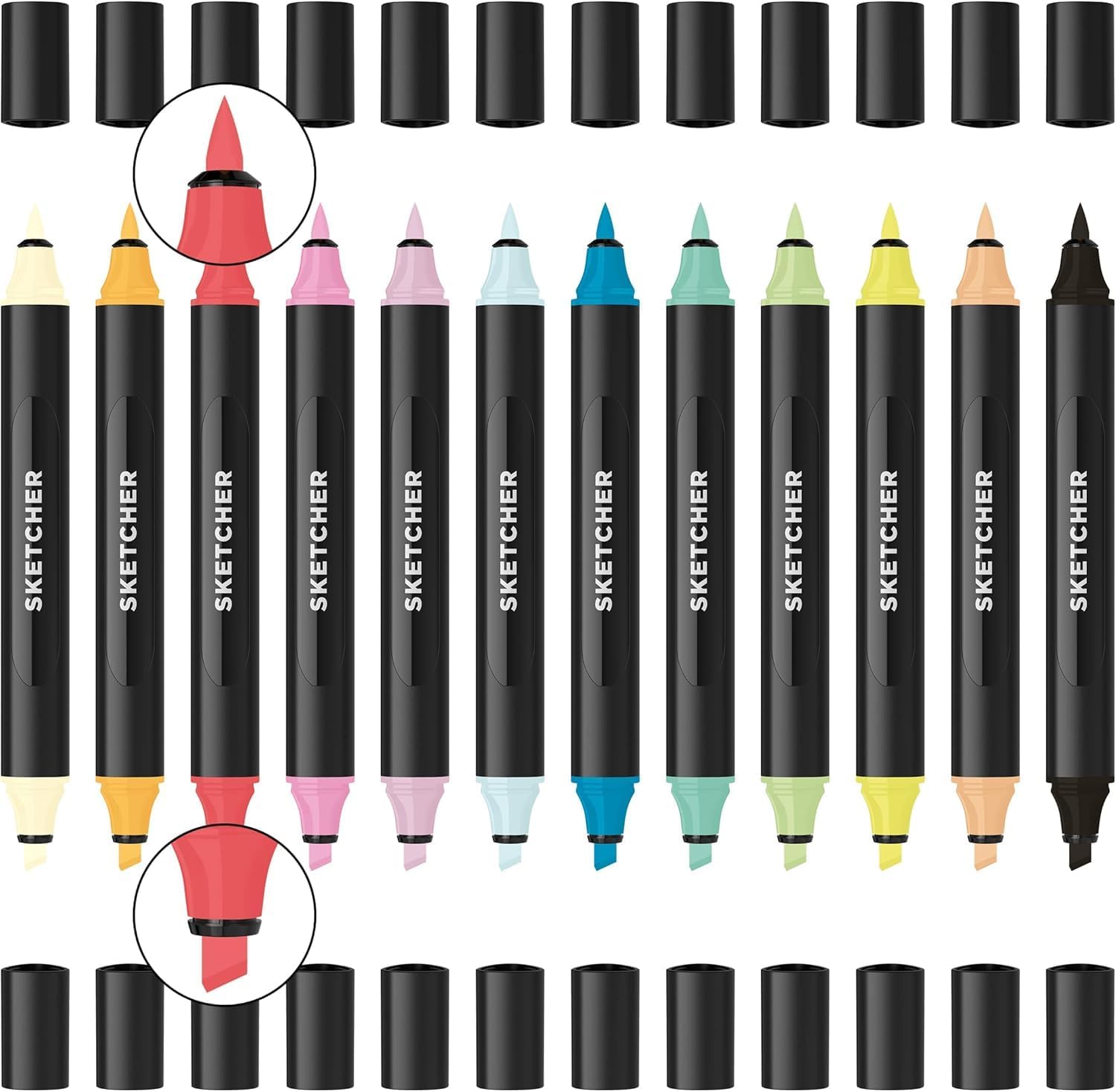 Sketcher Twin Tip Molotow Marker Set 12 Pack - Aqua Pro Ink Dual Nib 2-5mm Ink Pen Art Drawing Bundle (Main 2)