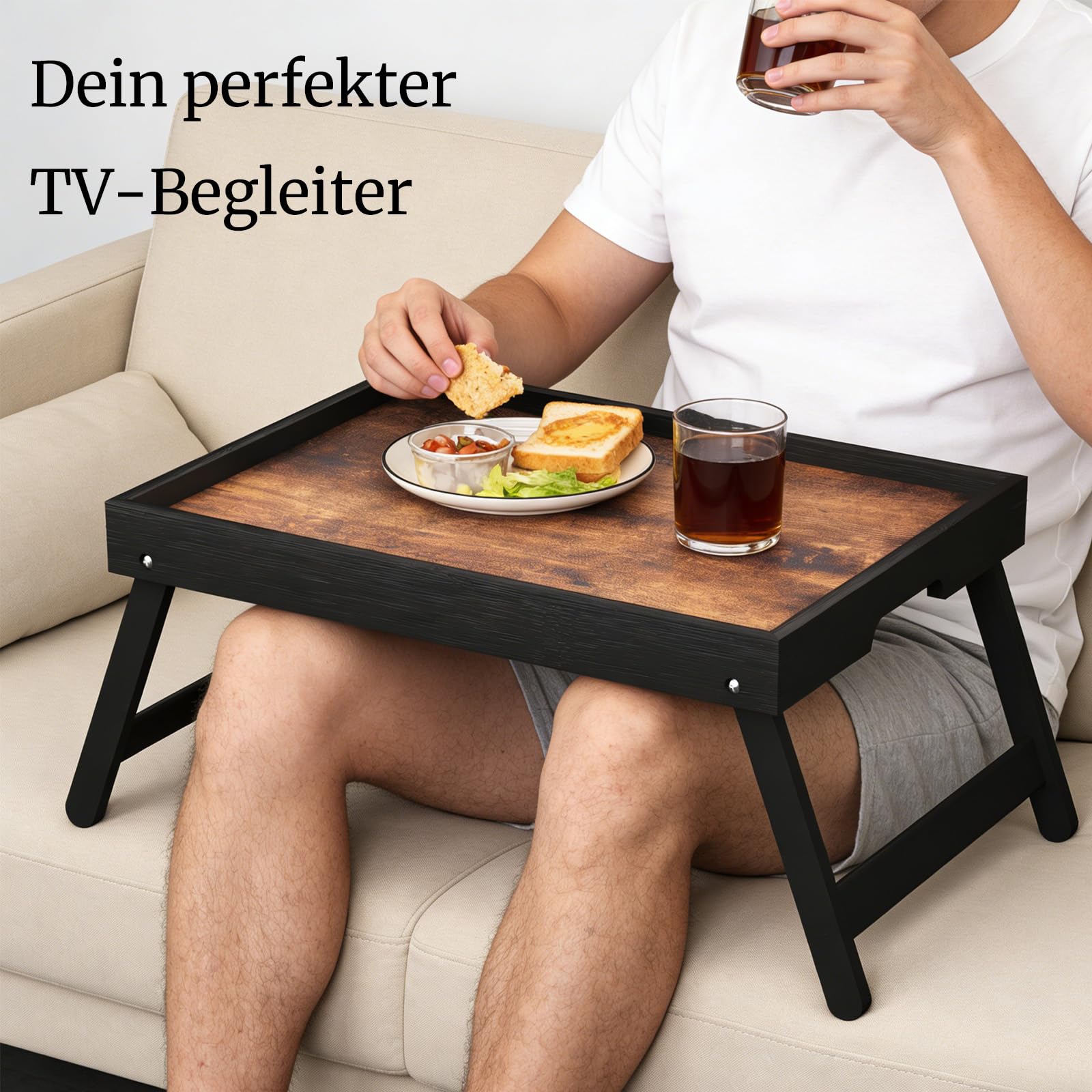 Fibogollo 2er-Pack Betttisch aus Holz mit klappbaren Beinen, Frühstückstabletts, Serviertablett für Speisen und Snacks, Laptop-Tabletts zum Arbeiten