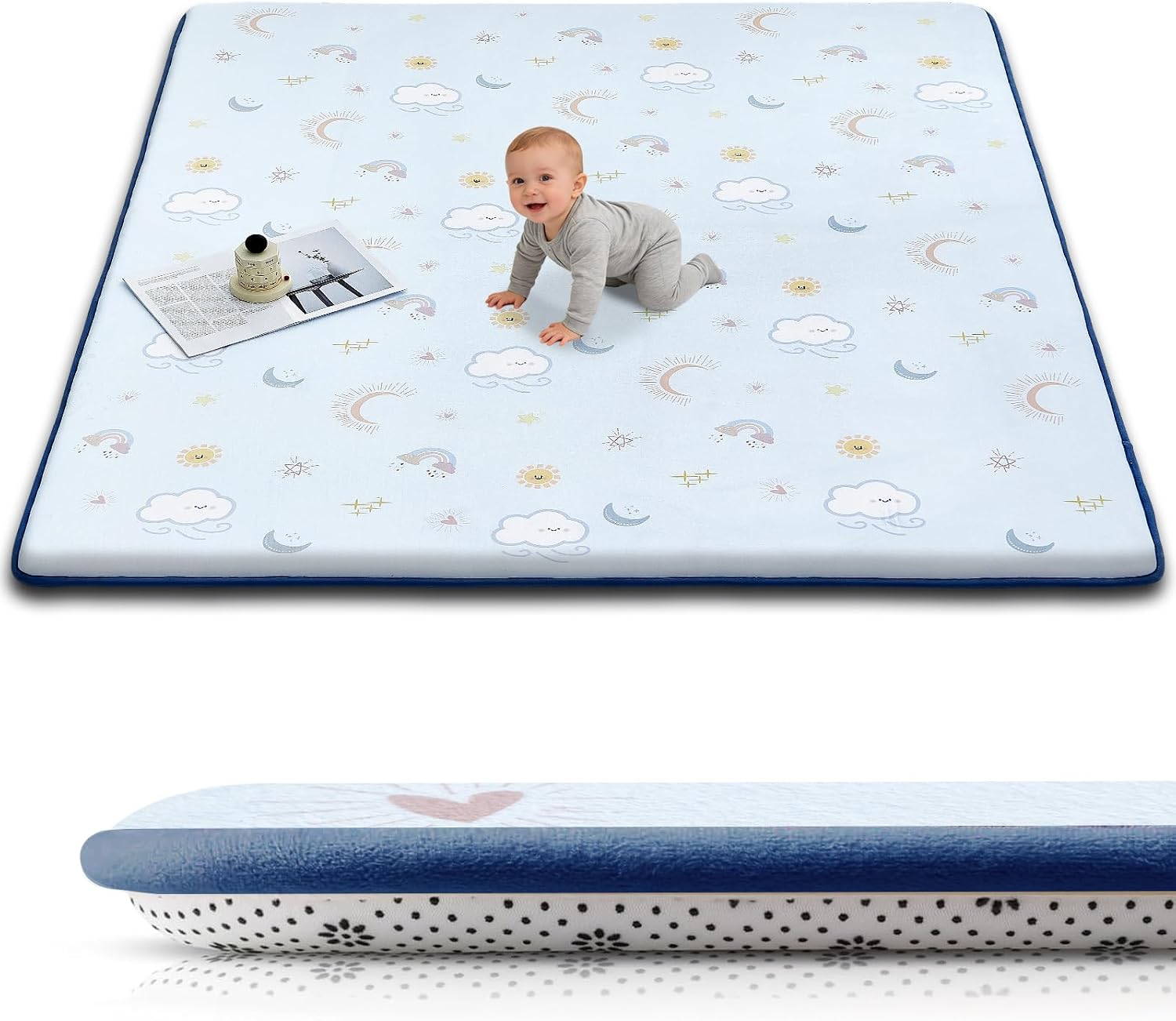 Baby Play Mat for Floor, 1.3-Inch Thickened Foam Soft Padded Playmat for Tummy Time, 71x79 Water-Repellent Coral Velvet Playpen Mat for Toddlers Infant Kids, Sky Theme