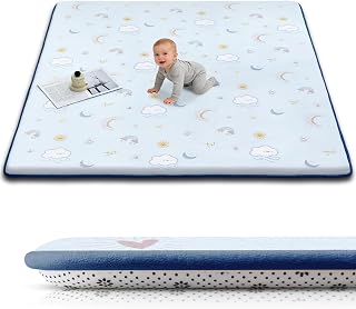 Baby Play Mat for Floor, 1.3-Inch Thickened Foam Soft Padded Playmat for Tummy Time, 71x79 Water-Repellent Coral Velvet Playpen Mat for Toddlers Infant Kids, Sky Theme