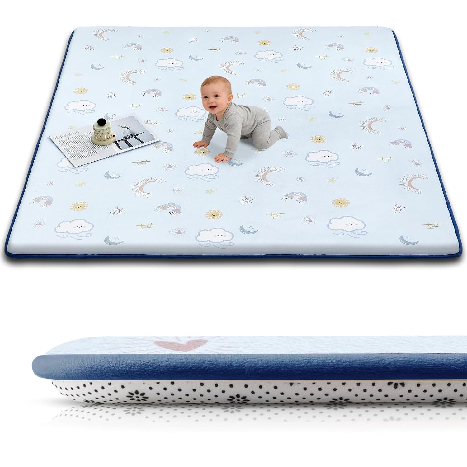 Baby Play Mat for Floor, 1.3-Inch Thickened Foam Soft Padded Playmat for Tummy Time, 50x50 Water-Repellent Coral Velvet Playpen Mat for Toddlers Infant Kids, Sky Theme
