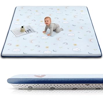 Baby Play Mat for Floor, 1.3-Inch Thickened Foam Soft Padded Playmat for Tummy Time, 50x50 Water-Repellent Coral Velvet Playpen Mat for Toddlers Infant Kids, Sky Theme
