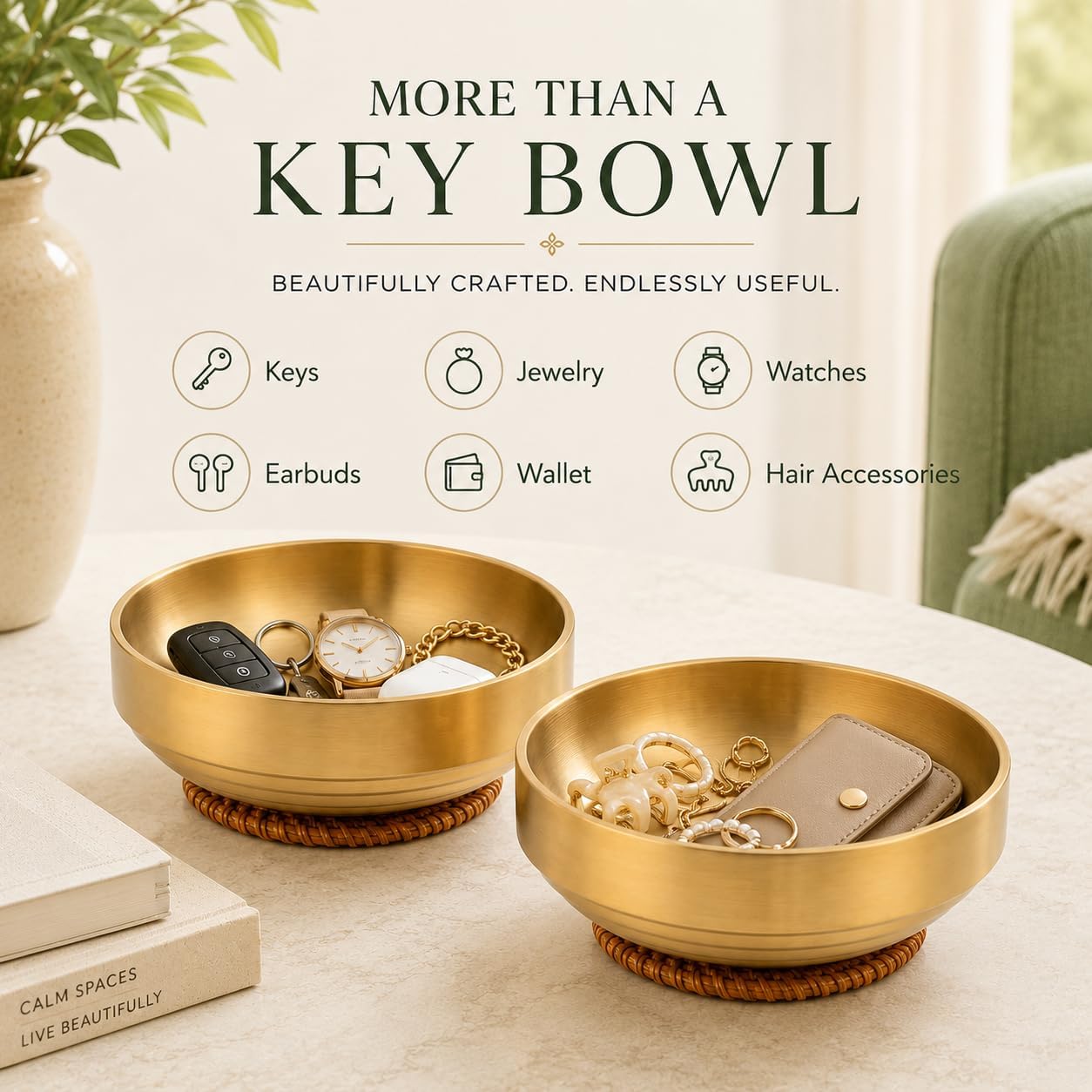 2 Pack Gold Key Bowl With 2 Mats, 19cm Decorative Catch All Set for Entryway Table, Key Dish Bowl for Jewelry Coins Fruit Kitchen Counter Decor