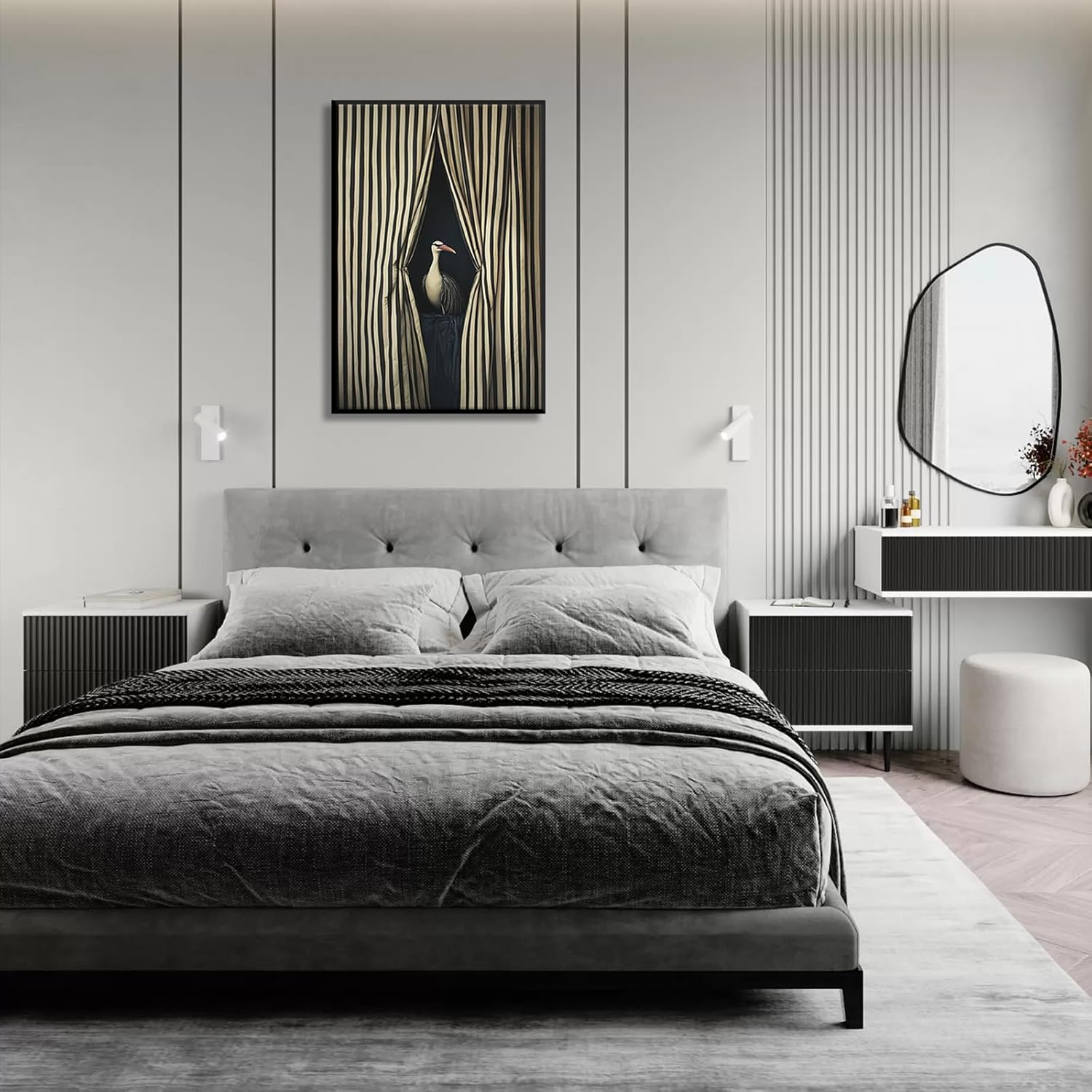 Modern Bird Wall Art Surreal Black and White Striped Posters Elegant Animal Room Decor Abstract Canvas Prints Whimsical Statement Pictures for Bedroom Bathroom Dorm Aesthetic 12x16in Metal Black Frame