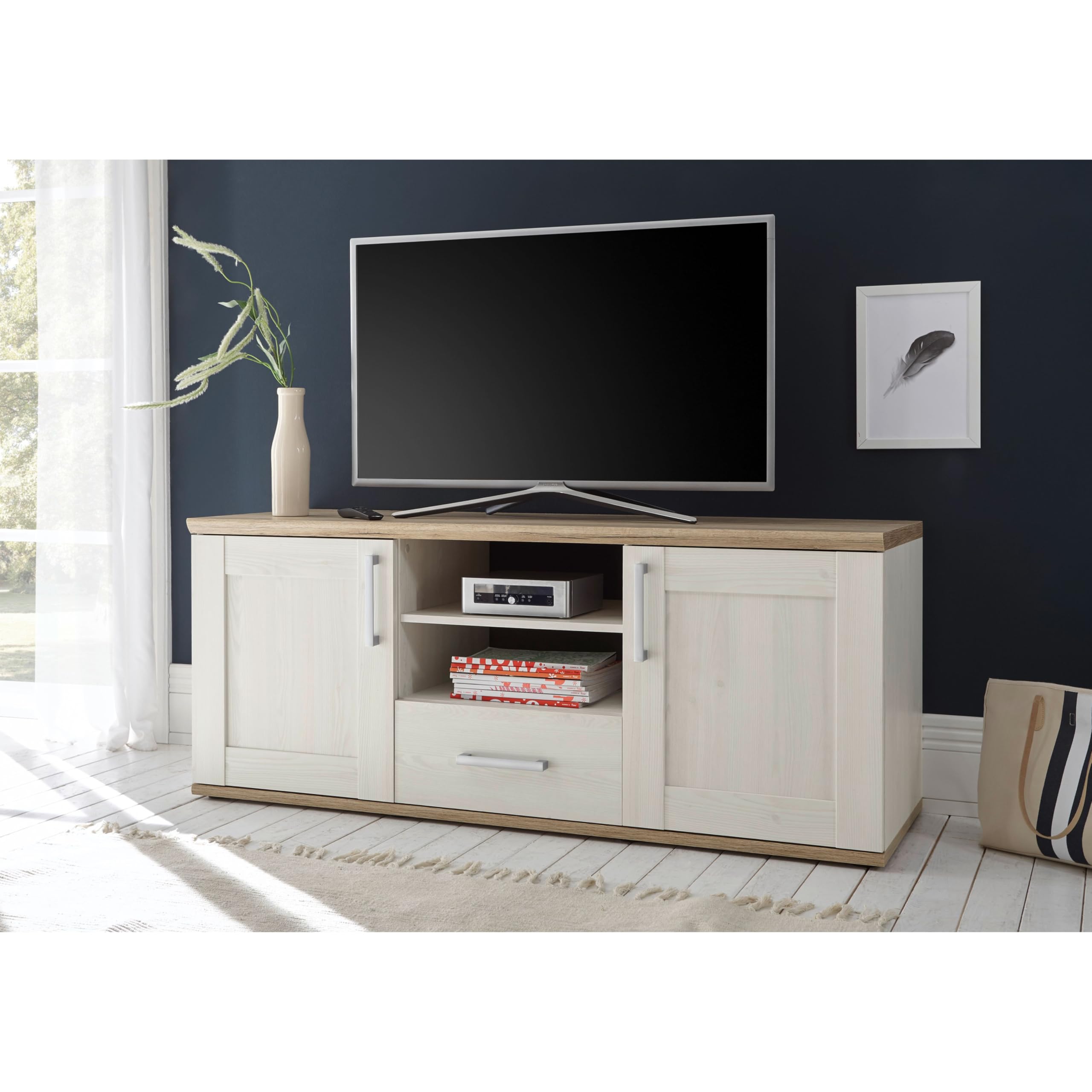 Romance TV-Lowboard in Sibiu Lärche, Eiche San Remo Optik - TV Schrank im Landhausstil mit viel Stauraum für Ihr Wohnzimmer - 143 x 59 x 50 cm (B/H/T)