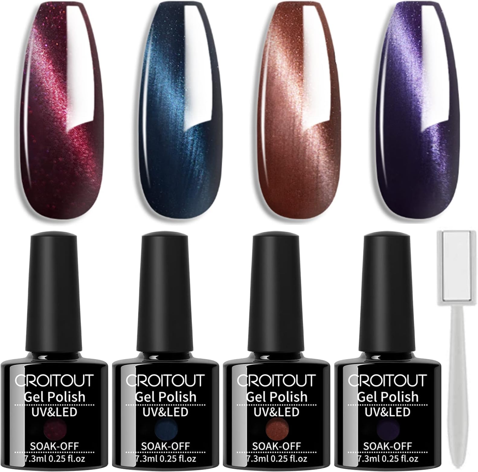 Cat Eye Gel Nail Polish Set with 1 Magnet, Shellac Colours Set, Magnetic Polishes Soak Off UV Kit, Best Gift for Women 4 x 7.3ml, UK-4MY-001, 5 Piece