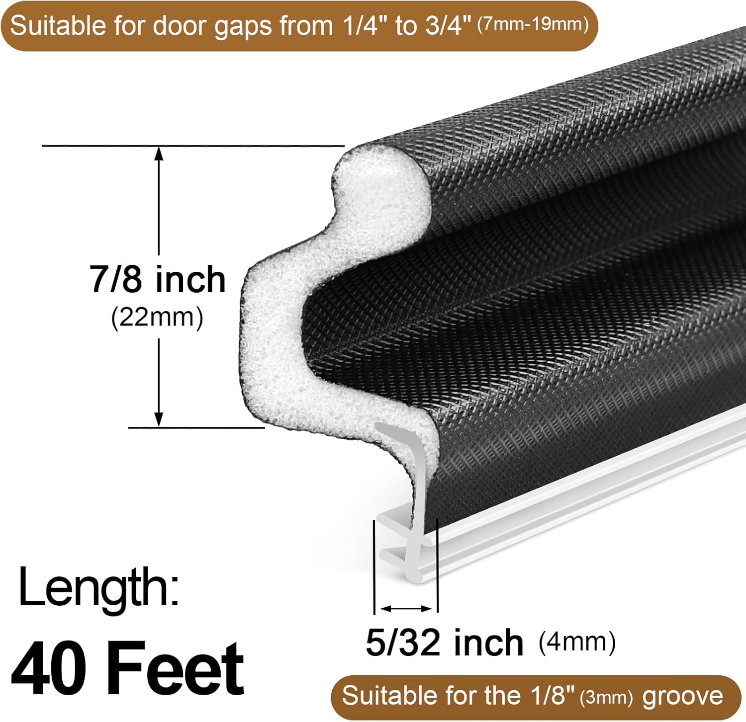 Litaibai Large Size Weather Stripping Door Seal for Larger Gaps, 40FT Kerf Door Seal Strip, No Glue, Easy Groove Installation, Soundproof & Weatherproof for Exterior Doors