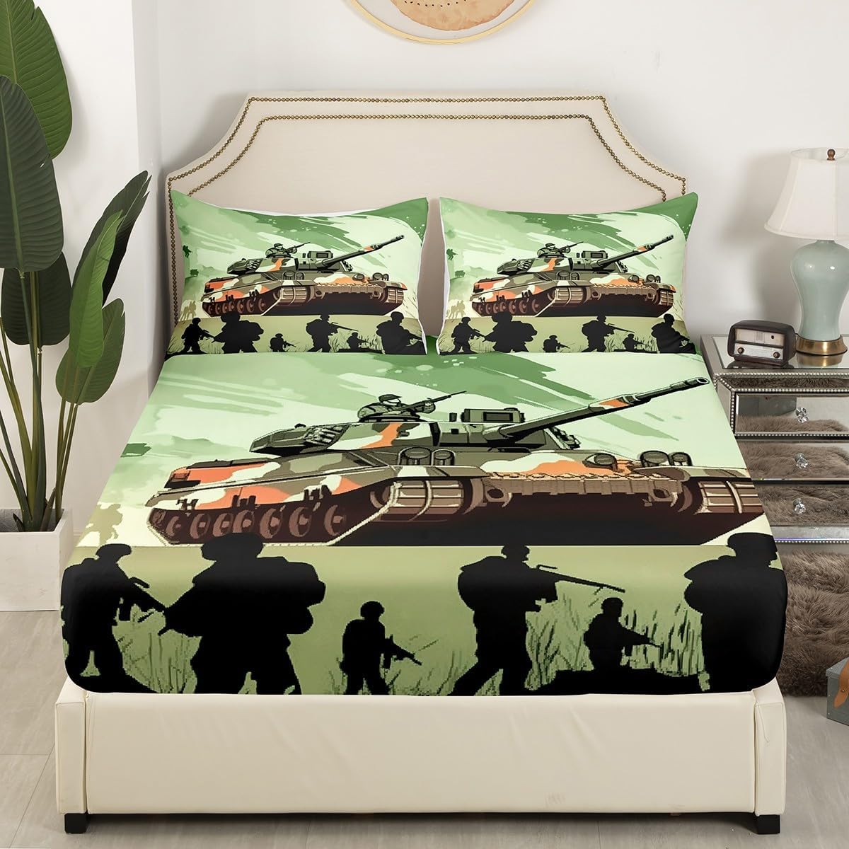 jejeloiu Tank Soldier Bed Sheets Set Full Size Kids American Army Fitted Sheet with Deep Pocket for Boys Girls Teens Military Equipment Bedding Set Breathable Fight Bedroom Decor Bedclothes