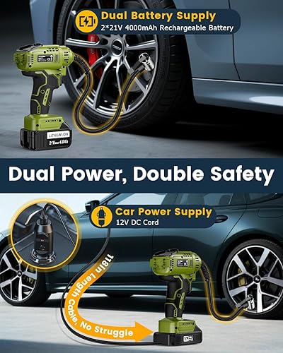 Miniatura 3 de Inflador de neumáticos portátil para automóvil con 2 baterías de 4000 mAh de 21 V, funciona silencioso, apagado automático, rápido y potente