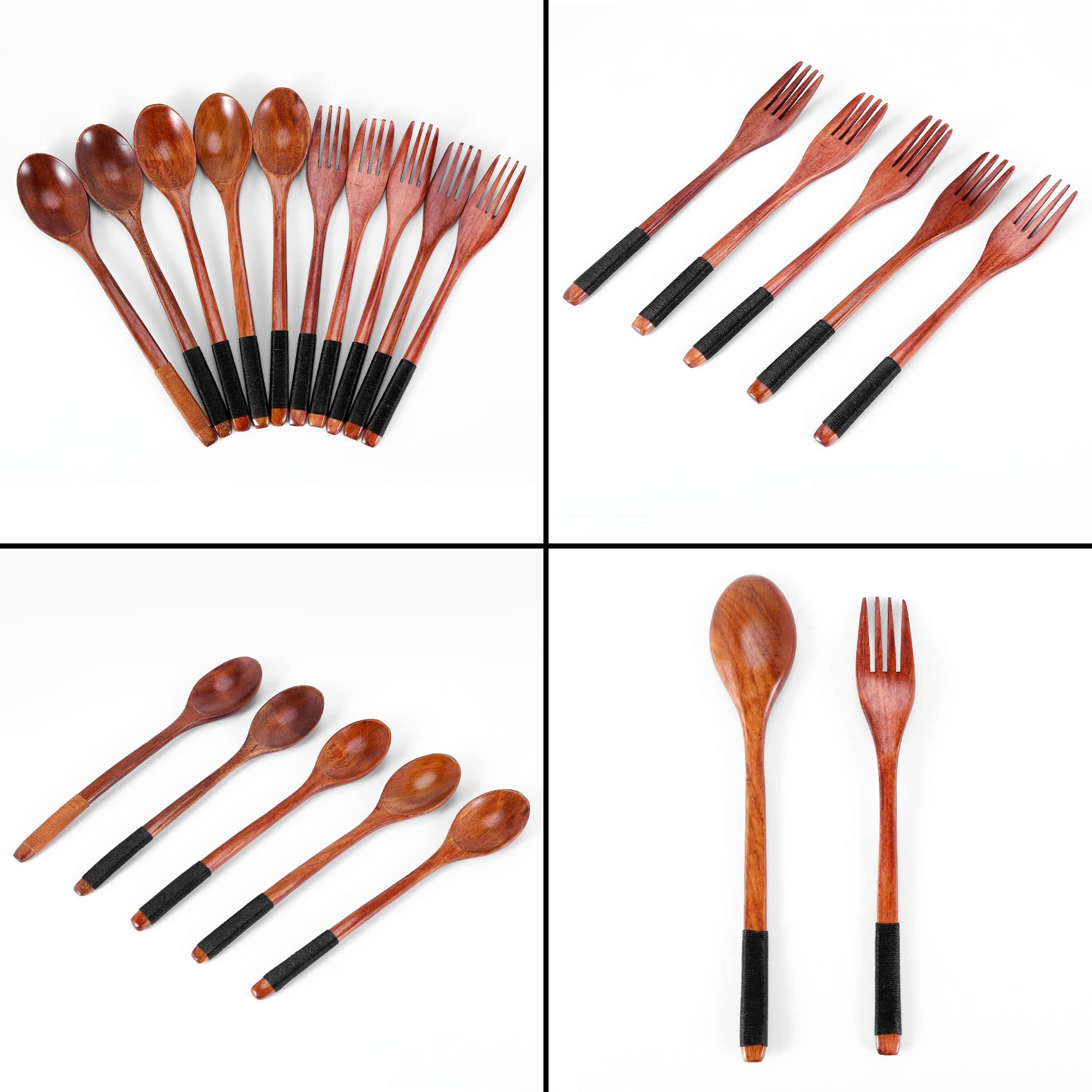 FTEYJEUIOTY Wooden Spoons Forks Set Japanese Style Wooden Utensils Set for Eating Wood Flatware Set Reusable (Black Cords,10 Pieces) - Image 3